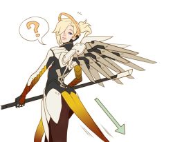 Rule 34 | 1girl, armor, ass, black gloves, blonde hair, blue eyes, bodysuit, brown pantyhose, cowboy shot, faulds, from behind, gloves, halo, headgear, high collar, holding, holding staff, lips, loincloth, long hair, looking back, mechanical halo, mechanical wings, mercy (overwatch), overwatch, overwatch 1, pantyhose, pelvic curtain, ponytail, simple background, solo, spread wings, squidsmith, staff, turtleneck, weapon, white background, wings