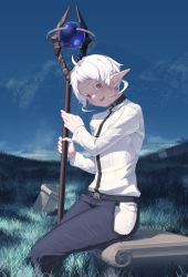 Rule 34 | 1girl, absurdres, ahoge, belt, elf, eyelashes, fantasy, grass, highres, holding, holding staff, long sleeves, looking at viewer, mushoku tensei, outdoors, pants, pointy ears, red eyes, shirt, short hair, shuwei (world2012102), shy, smile, solo, staff, sylphiette (mushoku tensei), white hair, white shirt