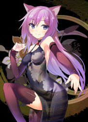 Rule 34 | 1girl, 47agdragon, animal ears, blush, brown thighhighs, detached sleeves, dress, highres, impossible clothes, impossible dress, leg up, long hair, looking at viewer, original, purple eyes, purple hair, sketch, smile, solo, thighhighs
