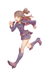 Rule 34 | 1girl, bad id, bad pixiv id, blue ribbon, boots, brown hair, collared shirt, commentary, from side, full body, hood, hood down, kagari atsuko, knee boots, little witch academia, long sleeves, neck ribbon, open mouth, ponytail, purple eyes, purple footwear, ribbon, robe, running, shirt, simple background, solo, standing, standing on one leg, timbougami, white background, white shirt