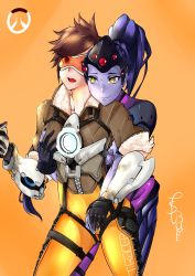 Rule 34 | 2girls, absurdres, armor, artist name, blue hair, blue skin, bodysuit, grabbing another&#039;s breast, brown hair, colored skin, corrupted metadata, gloves, goggles, grabbing, head-mounted display, highres, image sample, multiple girls, open mouth, overwatch, overwatch 1, pauldrons, ponytail, short hair, shoulder armor, simple background, skin tight, tracer (overwatch), tsubame22, widowmaker (overwatch), yellow background, yellow eyes, yuri