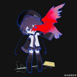 Rule 34 | 1girl, absurdres, animal on arm, bird, bird on arm, black background, black footwear, black headwear, black skirt, black sleeves, boots, chibi, colored skin, copyright name, crow, detached sleeves, empty eyes, full body, half-closed eyes, head tilt, headset, highres, la campanella (gmfzge), looking at viewer, miniskirt, necktie, no mouth, outstretched arm, purple eyes, purple hair, purple necktie, road sign, shirt, short hair, sign, simple background, skirt, sleeves past fingers, sleeves past wrists, solo, standing, thigh boots, thighhighs, utane uta, utau, warning sign, weibo logo, weibo watermark, white shirt, white skin, zettai ryouiki