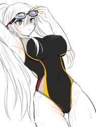 Rule 34 | 1girl, alternate hairstyle, azur lane, bad id, bad twitter id, blush, breasts, buttersea, commentary request, competition swimsuit, covered navel, enterprise (azur lane), goggles, goggles on head, hat, large breasts, long hair, one-piece swimsuit, partial monochrome, purple eyes, swimsuit, wet