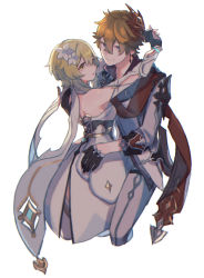 Rule 34 | 1boy, 1girl, bad id, bad pixiv id, bare shoulders, black gloves, blonde hair, blue eyes, breasts, brown hair, closed mouth, collar, commentary request, couple, detached sleeves, dress, ear piercing, earrings, flower, from side, genshin impact, gloves, grey pants, hair between eyes, hair flower, hair ornament, hetero, highres, hug, jacket, jewelry, kino (m6t2a), long sleeves, looking at viewer, lumine (genshin impact), mask, mask on head, medium hair, pants, parted lips, piercing, short hair, sidelocks, simple background, smile, standing, tartaglia (genshin impact), white background, white dress, white flower, yellow eyes