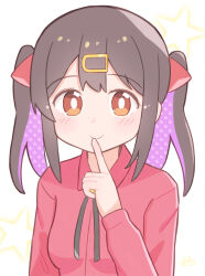 Rule 34 | 1girl, black hair, brown eyes, colored inner hair, commentary, finger to mouth, hair between eyes, hair ornament, hairclip, highres, light blush, long sleeves, looking at viewer, medium hair, multicolored hair, omochi tabeyo97, onii-chan wa oshimai!, oyama mihari, purple hair, red shirt, shirt, simple background, smile, solo, twintails, two-tone hair, upper body, white background, wing collar