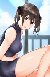 Rule 34 | 1girl, bad id, bad pixiv id, bare arms, bare legs, bare shoulders, black eyes, brown eyes, commentary request, fang, fang out, hair between eyes, highres, idolmaster, idolmaster cinderella girls, long hair, looking at viewer, miniskirt, oribe (nopear), pleated skirt, shirt, skirt, sleeveless, solo, sunazuka akira, twintails