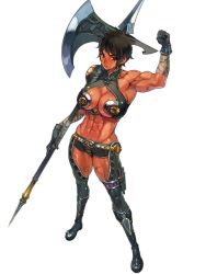Rule 34 | 1girl, abs, armor, axe, bandages, barbarian, biceps, bikini, bikini armor, bob cut, breasts, cleavage, cleavage cutout, clothing cutout, f.s., knife, large breasts, muscular, muscular female, original, revealing clothes, scar, scar across eye, scar on abs, scar on arm, scar on breast, scar on chest, scar on face, scar on leg, scar on stomach, scar on thigh, short hair, simple background, swimsuit, warrior