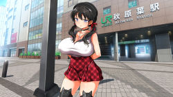 Rule 34 | 1girl, aomizuan, arms behind back, bare arms, black hair, black hat, black thighhighs, blue eyes, breasts, building, choker, city, cleavage, closed mouth, cowboy shot, hat, highres, huge breasts, impossible clothes, jewelry, kotosanomaa, legs, long hair, looking down, lucky dosukebe! kouhen, necklace, original, outdoors, red skirt, skirt, sleeveless, solo, standing, thighhighs, thighs, twintails, zettai ryouiki