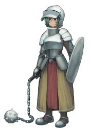 Rule 34 | 1girl, absurdres, armor, breastplate, brown pants, chanta (ayatakaoisii), closed mouth, faulds, flail, full armor, full body, gauntlets, green eyes, green hair, helmet, highres, holding, holding shield, holding weapon, armored boots, morning star, original, pants, pelvic curtain, shield, short hair, shoulder armor, simple background, skirt, solo, pauldrons, standing, visor (armor), weapon, white background, yellow skirt