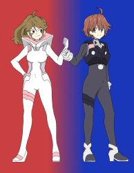 Rule 34 | 1boy, 1girl, black bodysuit, blue eyes, bodysuit, breasts, brown hair, darling in the franxx, formal, full body, gloves, grin, hand on own hip, hand up, highres, miku (darling in the franxx), plugsuit, ponytail, skin tight, smile, standing, suit, tight clothes, white bodysuit, zorome (darling in the franxx)