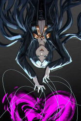 Rule 34 | 1girl, :d, absurdres, black jacket, black skirt, breasts, buttons, collared shirt, danganronpa (series), danganronpa v3: killing harmony, double-breasted, dress shirt, glasses, gradient background, heart, highres, jacket, large breasts, long hair, open clothes, open jacket, open mouth, parted bangs, shirogane tsumugi, shirt, skirt, smile, solo, teeth, tongue, upside-down, very fruity, white shirt