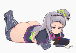 Rule 34 | 1girl, absurdres, ass, black capelet, black skirt, black thighhighs, brown gloves, capelet, closed mouth, feet up, full body, gloves, grey hair, hair bun, handheld game console, hatsu (hatsumiilkshake), highres, holding, holding handheld game console, hololive, huge ass, long hair, long sleeves, lying, murasaki shion, murasaki shion (1st costume), no shoes, on stomach, pinstripe pattern, simple background, single side bun, skirt, solo, striped clothes, striped thighhighs, thighhighs, vertical-striped clothes, vertical-striped thighhighs, virtual youtuber, white background, yellow eyes
