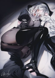 Rule 34 | 1girl, black footwear, black garter straps, black nails, black pantyhose, boots, breasts, garter straps, genyaky, grey hair, high heels, highres, large breasts, long hair, looking at viewer, lying, nun, on side, original, pantyhose, signature, solo, thigh boots, thighs, tongue, tongue out, yellow eyes