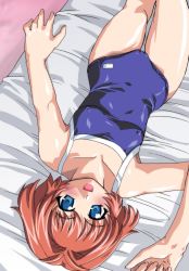 Rule 34 | 00s, :d, antenna hair, armpits, bed, blue eyes, blush, cameltoe, covered erect nipples, dutch angle, flat chest, from above, highres, miyafuji miina, one-piece swimsuit, onegai twins, open mouth, red hair, school swimsuit, short hair, smile, solo, swimsuit, thighs