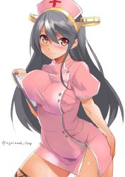 Rule 34 | 10s, 1girl, agarwood, alternate costume, black hair, blush, breasts, brown eyes, closed mouth, cowboy shot, cross, eyebrows, hair between eyes, hand on own hip, haruna (kancolle), hat, headgear, holding, kantai collection, large breasts, long hair, looking at viewer, notebook, nurse, nurse cap, red cross, short sleeves, sidelocks, simple background, smile, solo, standing, thighs, twitter username, white background