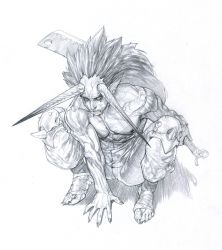 Rule 34 | 1boy, absurdres, between legs, cleaver, clenched teeth, commentary, earrings, english commentary, fingernails, foot wraps, from above, full body, greyscale, hair slicked back, hand between legs, heo sung-moo, highres, holding, holding weapon, horns, jewelry, knee guards, long hair, male focus, mole, mole under eye, monochrome, nipples, no shoes, nose piercing, oni, oni horns, original, pants, piercing, pointy ears, reverse grip, scar, sharp fingernails, sharp toenails, simple background, solo, spiked hair, spikes, squatting, teeth, toenails, toned, toned male, topless male, veins, weapon, white background, widow&#039;s peak