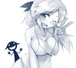 Rule 34 | 2girls, bikini, blue theme, blush, breasts, cleavage, drooling, fang, freckles, hair ribbon, katharine ohare, large breasts, liar lawyer, monochrome, multiple girls, one eye closed, open mouth, ponytail, ribbon, sakomizu haruka, saliva, silhouette demon, strike witches, strike witches: suomus misfits squadron, swimsuit, v, world witches series