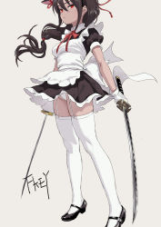 Rule 34 | 1girl, animal ears, apron, artist name, black dress, black footwear, breasts, brown hair, cat ears, commentary request, dress, dual wielding, eyeshadow, fkey, frilled apron, frills, garter straps, gloves, grey background, hair ribbon, highres, holding, holding sword, holding weapon, katana, long hair, looking at viewer, maid, maid apron, makeup, mary janes, medium breasts, neck ribbon, original, panties, petticoat, puffy short sleeves, puffy sleeves, purple eyeshadow, red eyes, red ribbon, ribbon, shoes, short sleeves, signature, simple background, solo, sword, thighhighs, thighs, underwear, weapon, white apron, white gloves, white panties, white thighhighs, wing collar