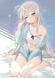 Rule 34 | 1girl, ahoge, bare legs, bare shoulders, barefoot, bed sheet, blue jacket, blue shorts, breasts, brown eyes, camisole, collarbone, commentary request, crop top, hand up, hayashi kewi, jacket, long hair, looking at viewer, messy hair, midriff, navel, off shoulder, one eye closed, open clothes, open jacket, original, shirt, short shorts, shorts, silver hair, sitting, sleeveless, sleeveless shirt, small breasts, solo, spaghetti strap, stomach, strap slip, thighs, very long hair, wariza, white shirt