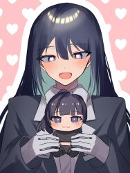 Rule 34 | :3, absurdres, ado (utaite), black hair, black jacket, blue eyes, blush, chando (ado), character doll, cloud nine inc, colored inner hair, commentary, company connection, crop top, gloves, hair between eyes, heart, heart-shaped pupils, heart background, highres, jacket, long hair, long sleeves, looking at viewer, mole, mole under eye, multicolored hair, open mouth, outline, pink background, sidelocks, symbol-shaped pupils, tsukuno tsuki, two-tone hair, upper body, utaite, white gloves, white outline, yoshino (utaite)