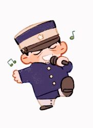 Rule 34 | 1boy, black hair, blue headwear, blue jacket, brown footwear, chengongzi123, chibi, closed eyes, commentary, facial hair, full body, goatee stubble, golden kamuy, hands up, hat, highres, holding, holding microphone, jacket, male focus, microphone, military hat, military uniform, music, musical note, open mouth, short hair, simple background, singing, standing, standing on one leg, stubble, symbol-only commentary, tsukishima hajime, uniform, very short hair, white background