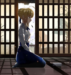 Rule 34 | 1girl, ahoge, artoria pendragon (all), artoria pendragon (fate), blonde hair, blouse, bow, fate/stay night, fate (series), female focus, full body, green eyes, hair ribbon, highres, indoors, lucky (1045044604), nature, plant, ribbon, saber (fate), shinai, shirt, skirt, sky, solo, sword, weapon