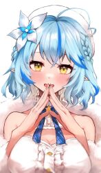 Rule 34 | 1girl, :d, absurdres, ahoge, bare shoulders, beret, blue hair, blush, bow, bowtie, breasts, cleavage, cleavage cutout, clothing cutout, commentary request, flower, fur trim, hair flower, hair ornament, hat, highres, hololive, large breasts, long hair, looking at viewer, mashiro io, open mouth, pointy ears, smile, solo, star ornament, steepled fingers, swept bangs, upper body, virtual youtuber, yellow eyes, yukihana lamy, yukihana lamy (1st costume)