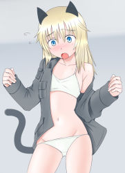 Rule 34 | 1girl, animal ears, blonde hair, blue eyes, bra, collarbone, flat chest, flying sweatdrops, helma lennartz, open mouth, panties, solo, strike witches, strike witches: suomus misfits squadron, tail, tanaka rikimaru, training bra, underwear, uniform, white bra, white panties, world witches series