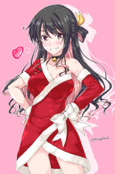 Rule 34 | 1girl, alternate costume, asymmetrical clothes, bare shoulders, black hair, blonde hair, blush, bow, detached sleeves, grin, hair ribbon, heart, kantai collection, looking at viewer, mikage takashi, multicolored hair, naganami (kancolle), outstretched hand, pink hair, ribbon, santa costume, smile, solo, twitter username
