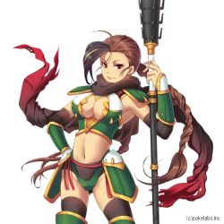 Rule 34 | armor, boots, braid, breasts, brown hair, cleavage, detached sleeves, hand on own hip, hiiro (kikokico), large breasts, long hair, midriff, navel, red eyes, sangoku infinity, scarf, solo, thigh boots, thighhighs, twin braids, very long hair, weapon