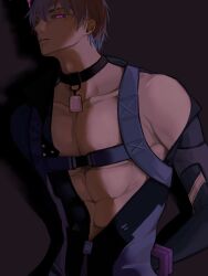 Rule 34 | 1boy, abs, absurdres, animal collar, black sclera, bodysuit, camu: crocotta (punishing: gray raven), camu (punishing: gray raven), chest harness, chinese commentary, collar, collarbone, colored sclera, commentary, dim lighting, glowing, glowing eyes, grey bodysuit, grey hair, harness, highres, looking at viewer, looking down, male focus, maploon, muscular, muscular male, pectorals, punishing: gray raven, purple eyes, short hair, solo, sweat, undressing, upper body