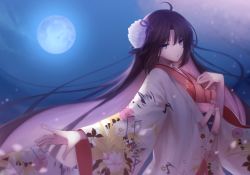 Rule 34 | 1girl, ahoge, bad id, bad twitter id, blue eyes, breasts, brown hair, flower, full moon, hair between eyes, hair flower, hair ornament, hand on own chest, japanese clothes, kara no kyoukai, kimono, long hair, long sleeves, medium breasts, moon, night, okakasushi, outdoors, parted lips, patterned clothing, petals, ryougi shiki, ryougi shiki (third ascension), solo, standing, very long hair