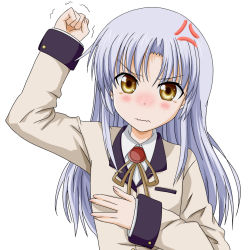 Rule 34 | 10s, 1girl, angel beats!, anger vein, angry, blazer, blue hair, blush, clenched hand, flat chest, frown, highres, jacket, long hair, looking at viewer, raised fist, school uniform, simple background, solo, takumi (rozen garten), tears, tenshi (angel beats!), trembling, upper body, wavy mouth, white background, yellow eyes