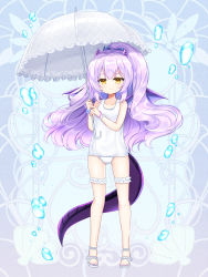 Rule 34 | 1girl, bare arms, bare shoulders, blue background, closed mouth, collarbone, copyright request, demon girl, demon horns, demon tail, demon wings, frilled umbrella, frills, full body, grey umbrella, high ponytail, highres, holding, holding umbrella, horns, long hair, looking at viewer, old school swimsuit, one-piece swimsuit, pink hair, ponytail, purple wings, sandals, school swimsuit, shikito (yawa0w0), solo, standing, swimsuit, tail, umbrella, very long hair, water drop, white footwear, white one-piece swimsuit, wings, yellow eyes