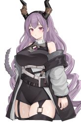 Rule 34 | 1girl, absurdres, arknights, black thighhighs, breasts, coat, covered navel, cropped legs, garter straps, highres, horns, large breasts, long hair, purple eyes, purple hair, rain (rain8649), tail, thighhighs, typhon (arknights), white background