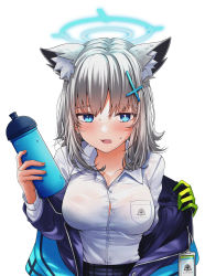 Rule 34 | 1girl, absurdres, animal ear fluff, animal ears, blue archive, blue eyes, blue jacket, blush, bottle, breakdiamond, breast pocket, breasts, buttons, collarbone, collared shirt, commentary, condensation, cross hair ornament, ear piercing, gloves, green gloves, grey hair, hair ornament, halo, highres, id card, jacket, medium breasts, medium hair, mismatched pupils, monochrome, open mouth, piercing, pocket, shiroko (blue archive), shirt, simple background, single glove, solo, sweat, undressing, upper body, water bottle, white background, white shirt
