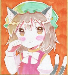 Rule 34 | 1girl, animal ear fluff, animal ear piercing, animal ears, blush, bow, bowtie, brown eyes, brown hair, cat ears, cat tail, chen, closed mouth, commentary request, earrings, ellipsis (mitei), gold trim, hair between eyes, hand up, hat, highres, jewelry, long sleeves, looking at viewer, medium hair, mob cap, multiple tails, nekomata, orange background, paw pose, puffy long sleeves, puffy sleeves, red vest, single earring, smile, solo, tail, touhou, two tails, upper body, vest, white bow, white bowtie