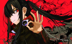 Rule 34 | 1girl, aura, black hair, fingernails, glint, hair over one eye, highres, ok sign, original, parted lips, red background, red eyes, simple background, smile, solo, upper body, xuefei (snowdrop)