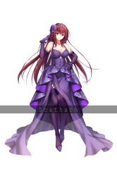 Rule 34 | 1girl, breasts, character name, cleavage, dress, elbow gloves, fate/grand order, fate (series), flower, gloves, hair flower, hair ornament, hand on own hip, head tilt, highres, jewelry, large breasts, long hair, looking at viewer, necklace, purple dress, purple gloves, purple hair, purple thighhighs, red eyes, scathach (fate), scathach (formal dress) (fate), shakuri heneko, solo, thighhighs, tiara, white background