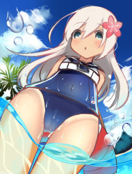 Rule 34 | 10s, 1girl, :o, arms behind back, bad id, bad nicoseiga id, blue eyes, blush, cloud, covered navel, crop top, day, flower, from below, fujiyama ichiha, hair between eyes, hair flower, hair ornament, highres, kantai collection, lifebuoy, long hair, looking at viewer, one-piece swimsuit, open mouth, partially submerged, partially underwater shot, ro-500 (kancolle), sailor collar, school swimsuit, school uniform, serafuku, sky, solo, swim ring, swimsuit, swimsuit under clothes, tan, tanline, underwater, wading, water, wet, wet clothes