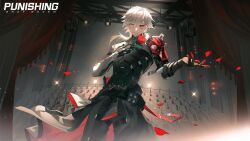 Rule 34 | 1boy, absurdres, artist request, barcode, birthday, chair, curtains, falling petals, flower, grey hair, heterochromia, highres, looking at viewer, low ponytail, mechanical parts, official art, petals, punishing: gray raven, red flower, red rose, roland (punishing: gray raven), rose, smile, stage, stage lights