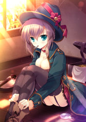 Rule 34 | 1girl, black thighhighs, blue eyes, breasts, brown hair, cleavage, collar, garter straps, hat, highres, indoors, instrument, knees to chest, knees up, large breasts, long sleeves, looking at viewer, mikeou, mouth hold, original, pocket watch, sitting, sunlight, thighhighs, violin, watch, window, witch hat, wooden floor