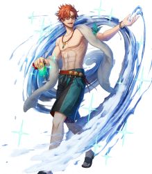 Rule 34 | 1boy, abs, argon (exys), belt, drink, fire emblem, fire emblem: three houses, fire emblem heroes, flower, food, full body, highres, ice cream, jewelry, male focus, navel, necklace, nintendo, official art, open mouth, orange hair, sandals, topless male, solo, sparkle, sunglasses, swimsuit, sylvain jose gautier, teeth, towel, transparent background, water