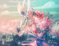 Rule 34 | 1girl, alternate costume, bad id, bad twitter id, blush, bouquet, bow, brown hair, celebi, cloud, creatures (company), dated, day, dress, flower, game freak, gen 2 pokemon, hat, hat bow, holding, holding bouquet, legendary pokemon, long hair, looking back, lyra (pokemon), mythical pokemon, nintendo, outdoors, parted lips, pokemon, pokemon (creature), pokemon hgss, r.aka., red bow, short sleeves, signature, sky, white headwear