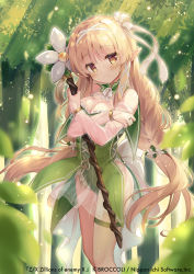 Rule 34 | 1girl, blonde hair, blurry, blurry foreground, breasts, brown eyes, character request, cleavage, closed mouth, commentary request, copyright name, copyright notice, crossed arms, depth of field, detached sleeves, dress, elf, forest, green dress, green leotard, head tilt, highres, holding, holding staff, leotard, long hair, long sleeves, looking at viewer, medium breasts, natsuki marina, nature, official art, pointy ears, see-through, see-through sleeves, smile, solo, staff, very long hair, watermark, z/x