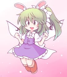 Rule 34 | 1girl, 216, animal ears, blue dress, blush, brown footwear, daiyousei, dress, fairy, fairy wings, green eyes, green hair, highres, jumping, open mouth, pink background, rabbit ears, ribbon, side ponytail, smile, solo, touhou, white ribbon, wings