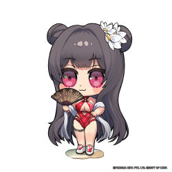 Rule 34 | 1girl, :3, blush stickers, breasts, cleavage, closed mouth, commentary, copyright notice, dot nose, double bun, flower, goddess of victory: nikke, grey hair, hair bun, hair flower, hair ornament, hand fan, highleg, highleg swimsuit, highres, holding, holding fan, large breasts, long hair, looking at viewer, multi-strapped swimsuit, o-ring, o-ring swimsuit, official art, one-piece swimsuit, pink eyes, red one-piece swimsuit, shawl, smile, solo, star (symbol), star in eye, swimsuit, symbol in eye, thigh strap, thighs, totatokeke, very long hair, white flower, white footwear, yan (nikke), yan (sunrise market) (nikke)