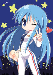 Rule 34 | 1girl, ;), blue eyes, blue hair, blue shirt, blush, bodysuit, breasts, commentary request, copyright request, cowboy shot, hair between eyes, hand up, head tilt, heart, holding, legs apart, long hair, looking at viewer, medium breasts, night, night sky, one eye closed, osaragi mitama, outdoors, outline, partially unzipped, shirt, shooting star, sky, smile, solo, standing, star (symbol), v, very long hair, white bodysuit, zipper pull tab