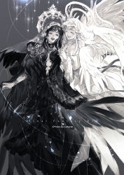Rule 34 | 2girls, black dress, bracelet, copyright name, dress, earrings, feathered wings, final fantasy, final fantasy xiv, gaia (ff14), grey background, greyscale, halo, highres, holding hands, hyur, jewelry, long hair, looking at another, mochinue, monochrome, multiple girls, open mouth, possessed, possession, ryne waters, shiva (final fantasy), signature, swept bangs, veil, white dress, wings