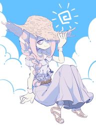 Rule 34 | 10s, 1girl, dress, hair over one eye, hat, ica tm, little witch academia, long hair, looking at viewer, pale skin, pink hair, purple hair, red eyes, simple background, smile, solo, sucy manbavaran, sundress